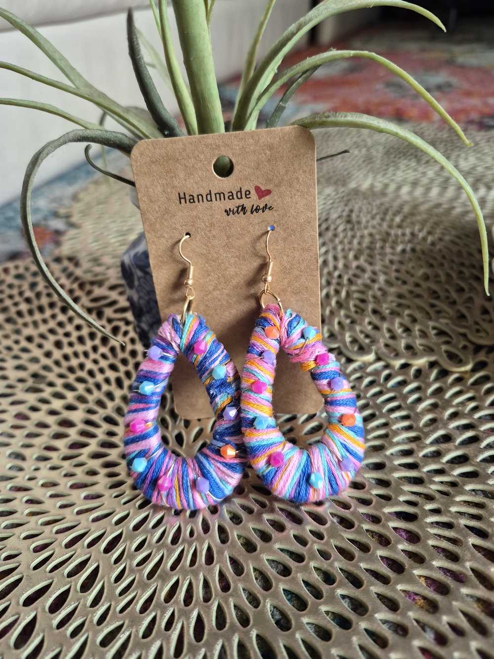 Handmade Multicolor Teardrop Thread-Wrapped Earrings